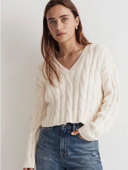 Cable-Knit V-Neck Crop Sweater In Cream